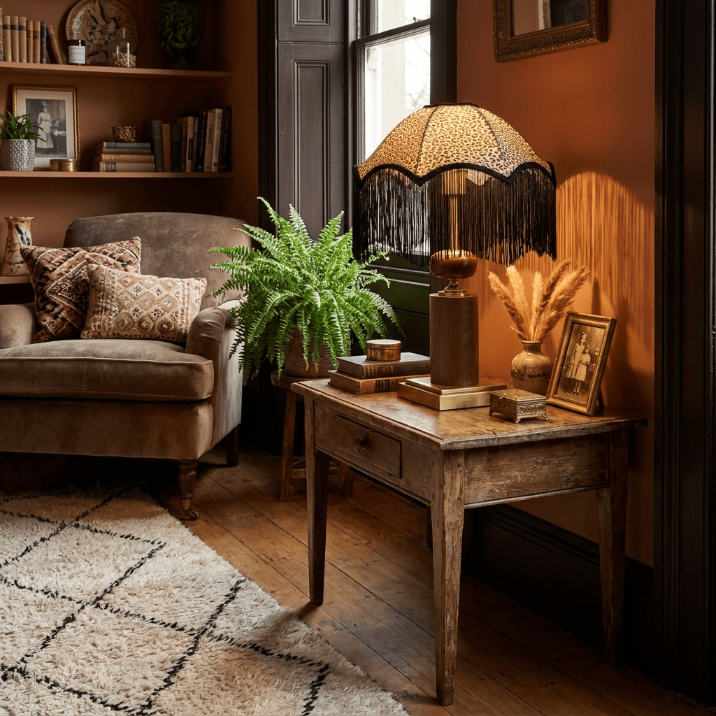 Savanna Fringe Table Lamp with Leopard Shade and Brass Accents