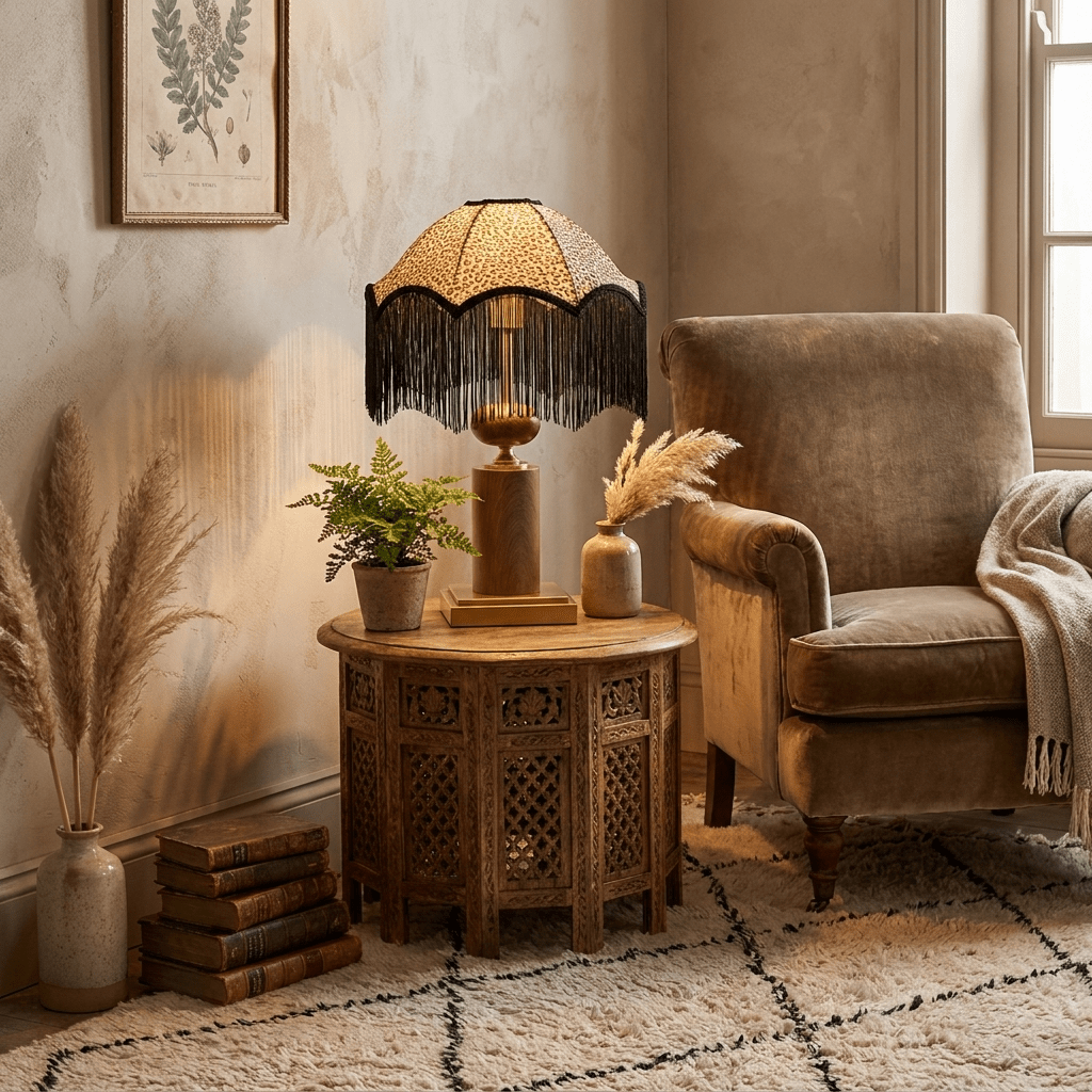 Savanna Fringe Table Lamp with Leopard Shade and Brass Accents