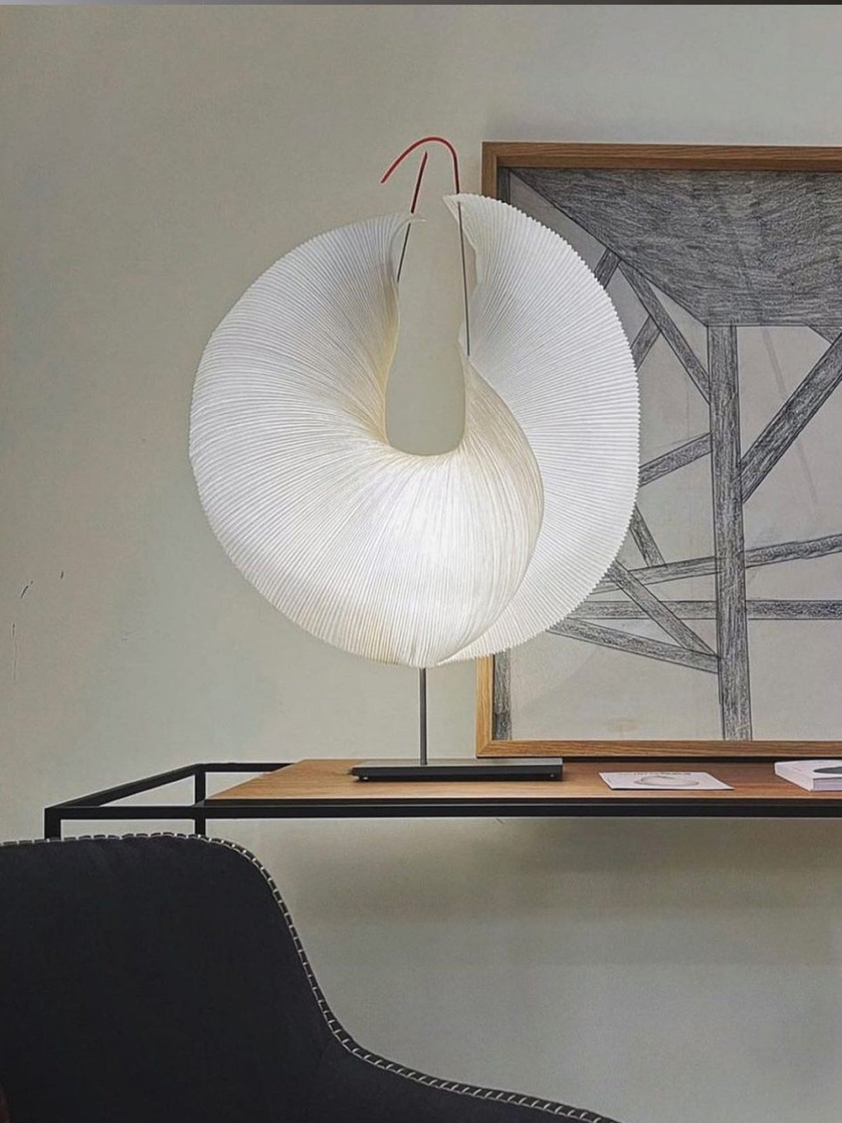 Sculptural Pleated Paper Table Lamp with Hand-Painted Accent