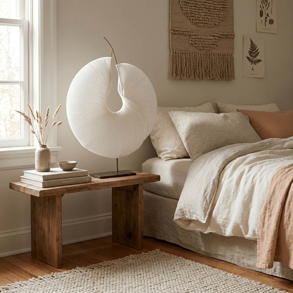 Sculptural Pleated Paper Table Lamp with Hand-Painted Accent
