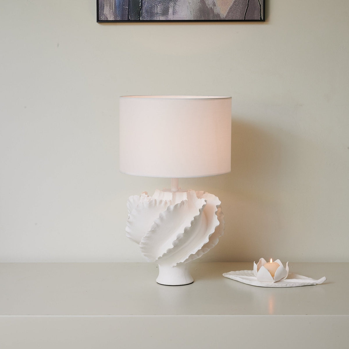 Sculptural Shell Table Lamp with Fabric Shade for Modern Interiors