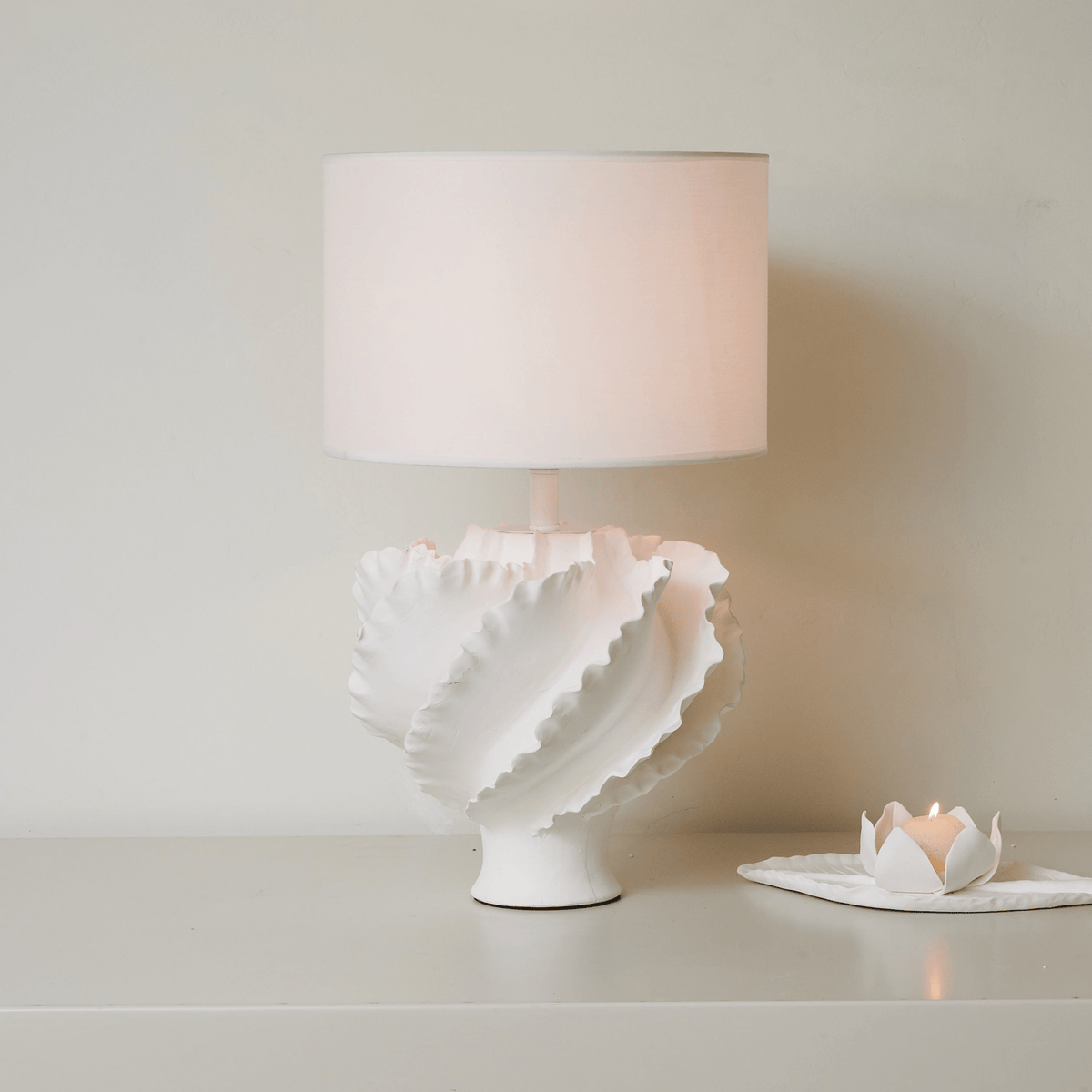 Sculptural Shell Table Lamp with Fabric Shade for Modern Interiors