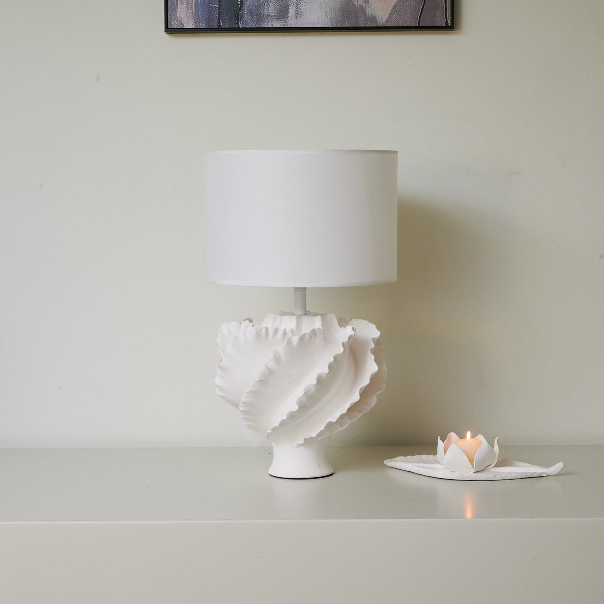 Sculptural Shell Table Lamp with Fabric Shade for Modern Interiors
