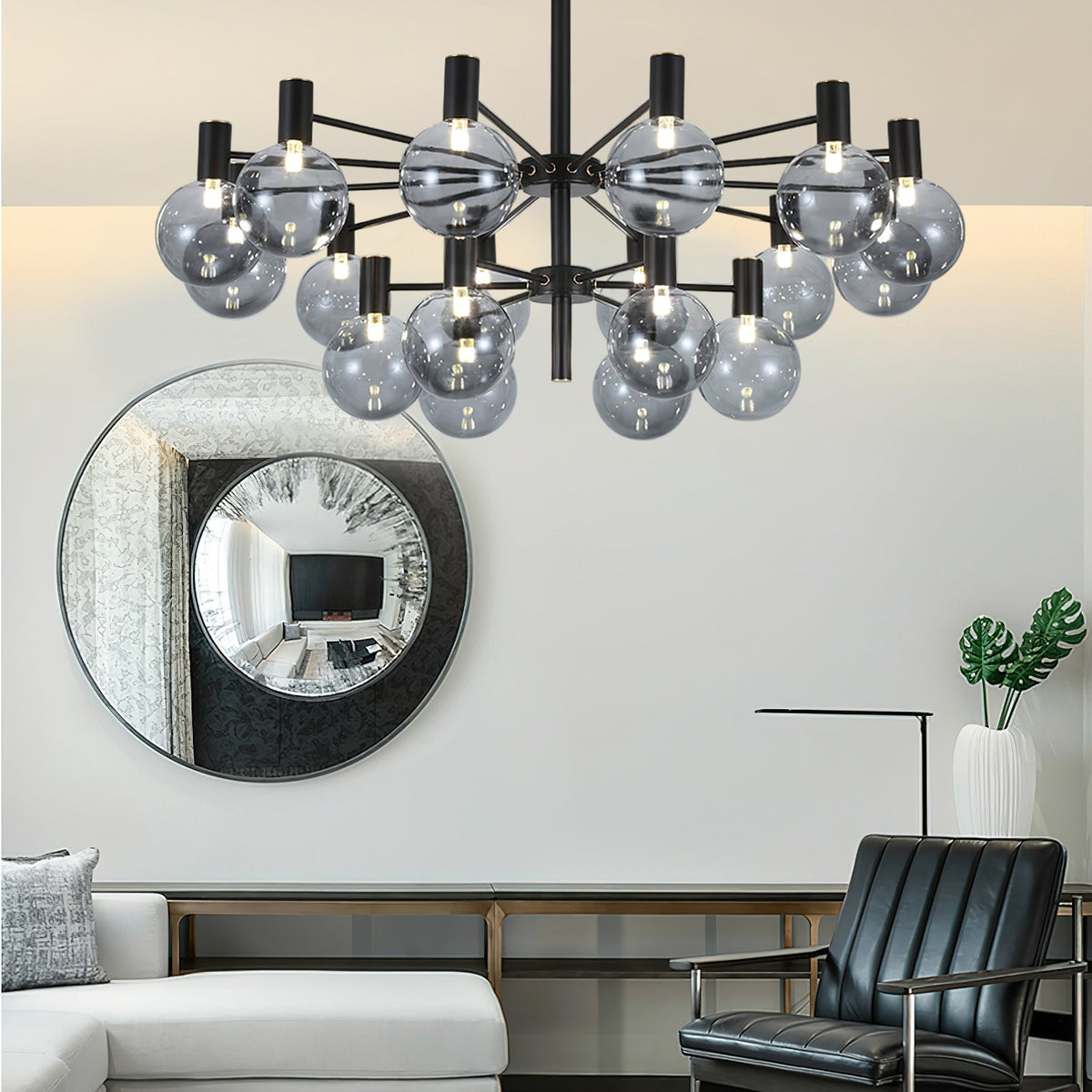 Selva Black Chandelier – Modern Smoke Glass Globe Pendant Light