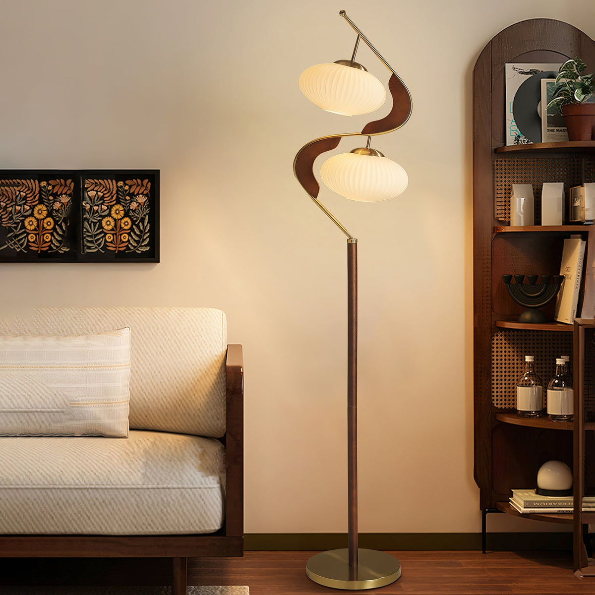 Serenita Double Shade Floor Lamp in Walnut and Gold