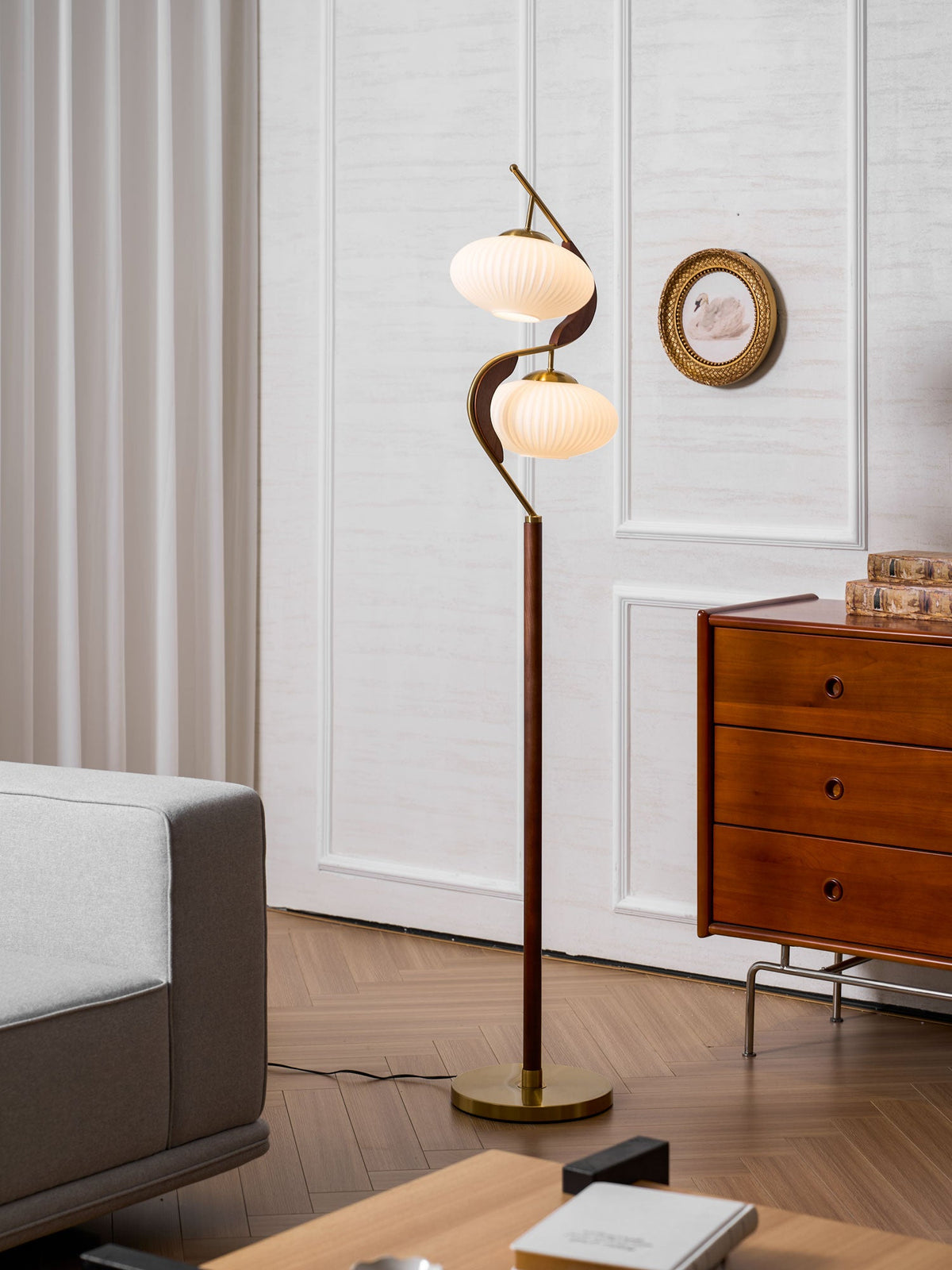 Serenita Double Shade Floor Lamp in Walnut and Gold