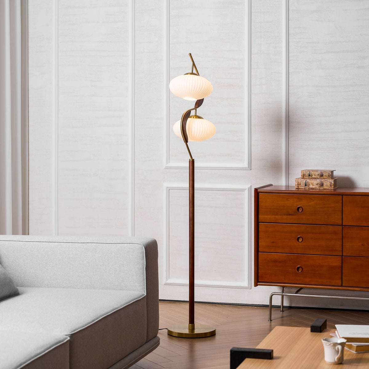 Serenita Double Shade Floor Lamp in Walnut and Gold