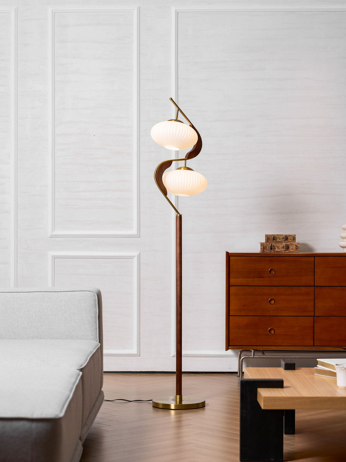 Serenita Double Shade Floor Lamp in Walnut and Gold