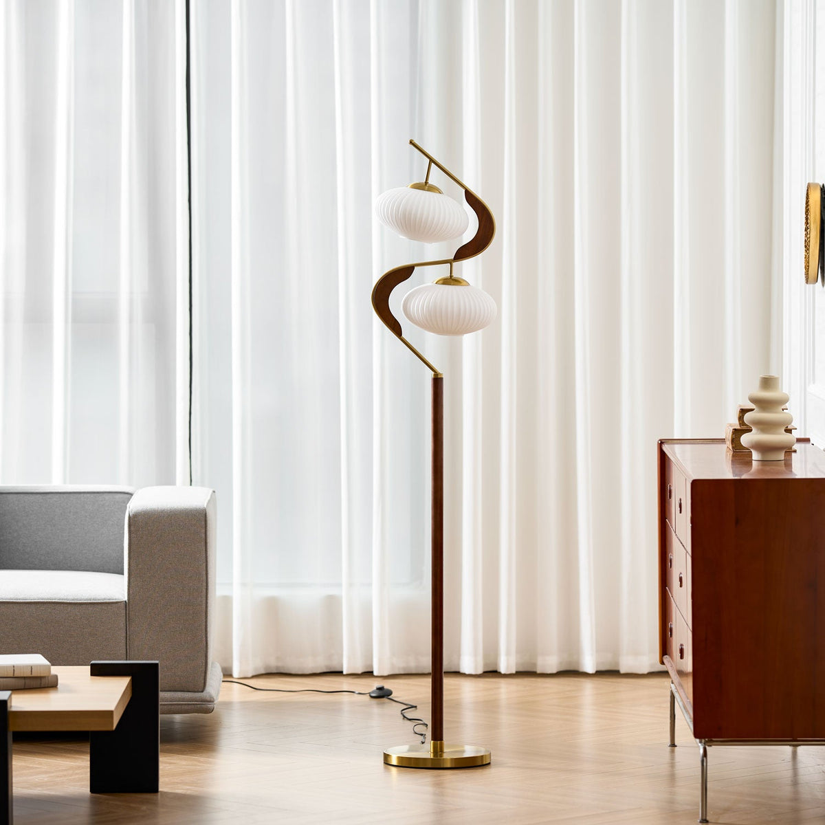 Serenita Double Shade Floor Lamp in Walnut and Gold