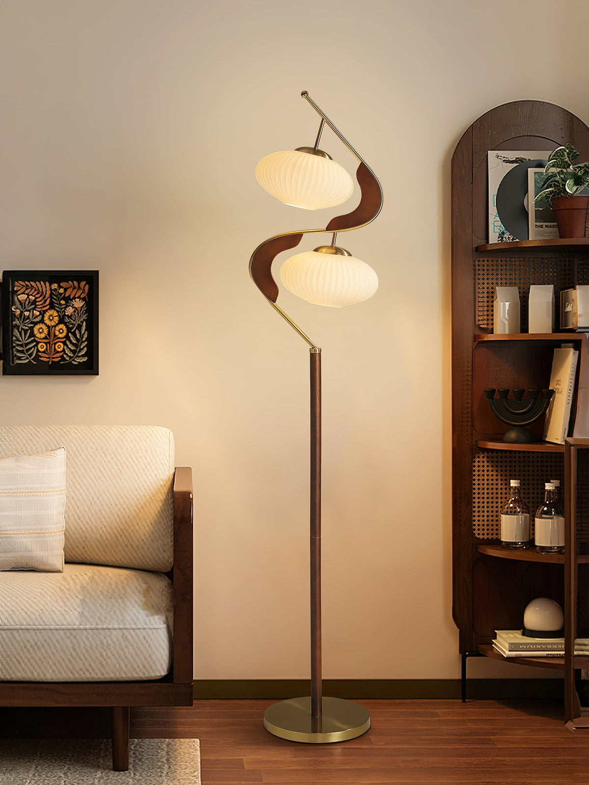 Serenita Double Shade Floor Lamp in Walnut and Gold