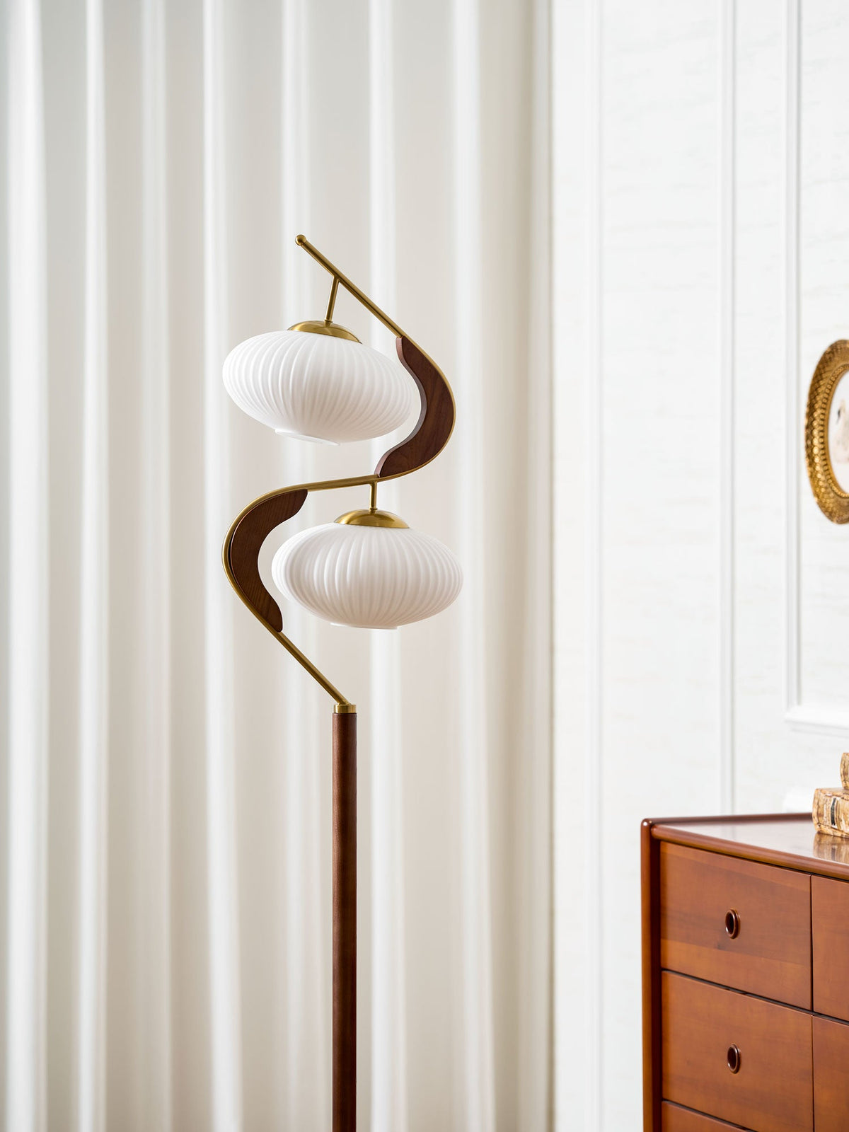 Serenita Double Shade Floor Lamp in Walnut and Gold