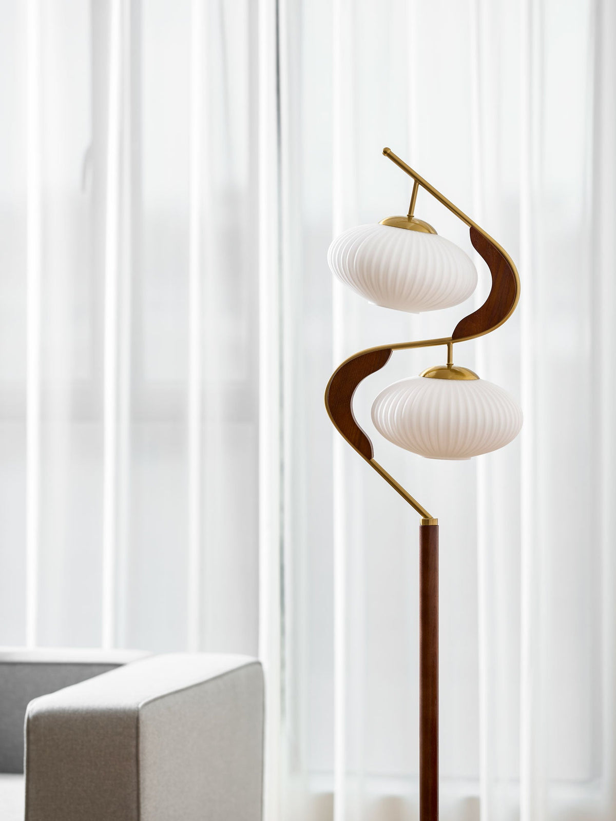 Serenita Double Shade Floor Lamp in Walnut and Gold