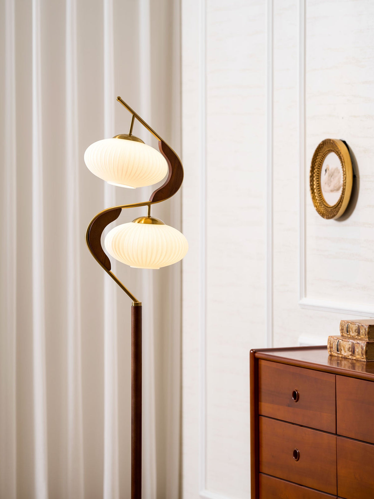 Serenita Double Shade Floor Lamp in Walnut and Gold