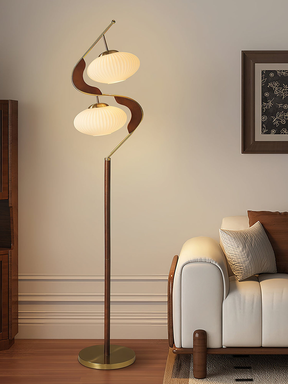 Serenita Double Shade Floor Lamp in Walnut and Gold