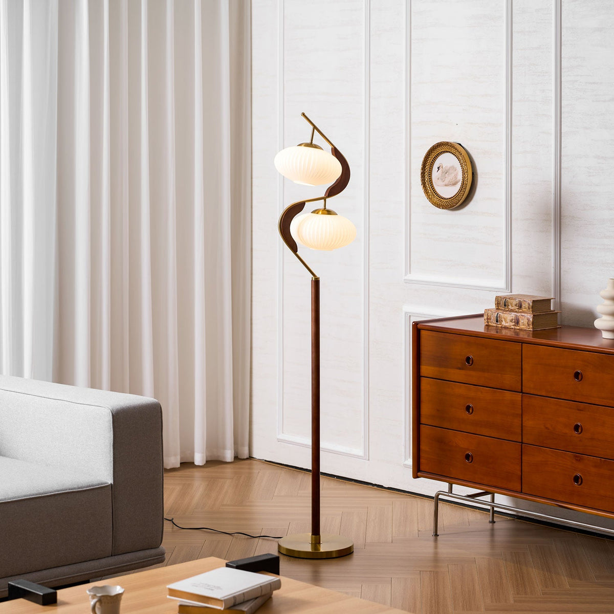 Serenita Double Shade Floor Lamp in Walnut and Gold