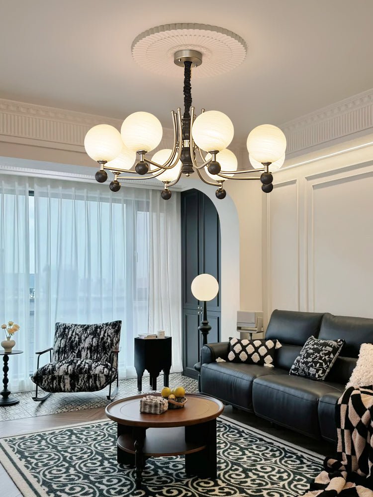 Serenus Sphere Chandelier — Modern Glass, Wood & Iron Pendant Light