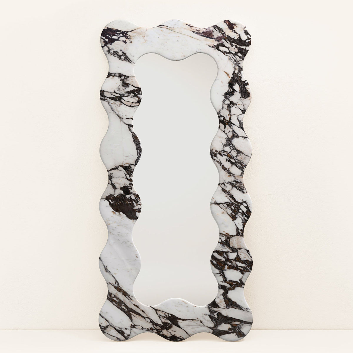 Serpentine Vert Marble Mirror Frame — Sculptural Wavy Edge Wall Mirror