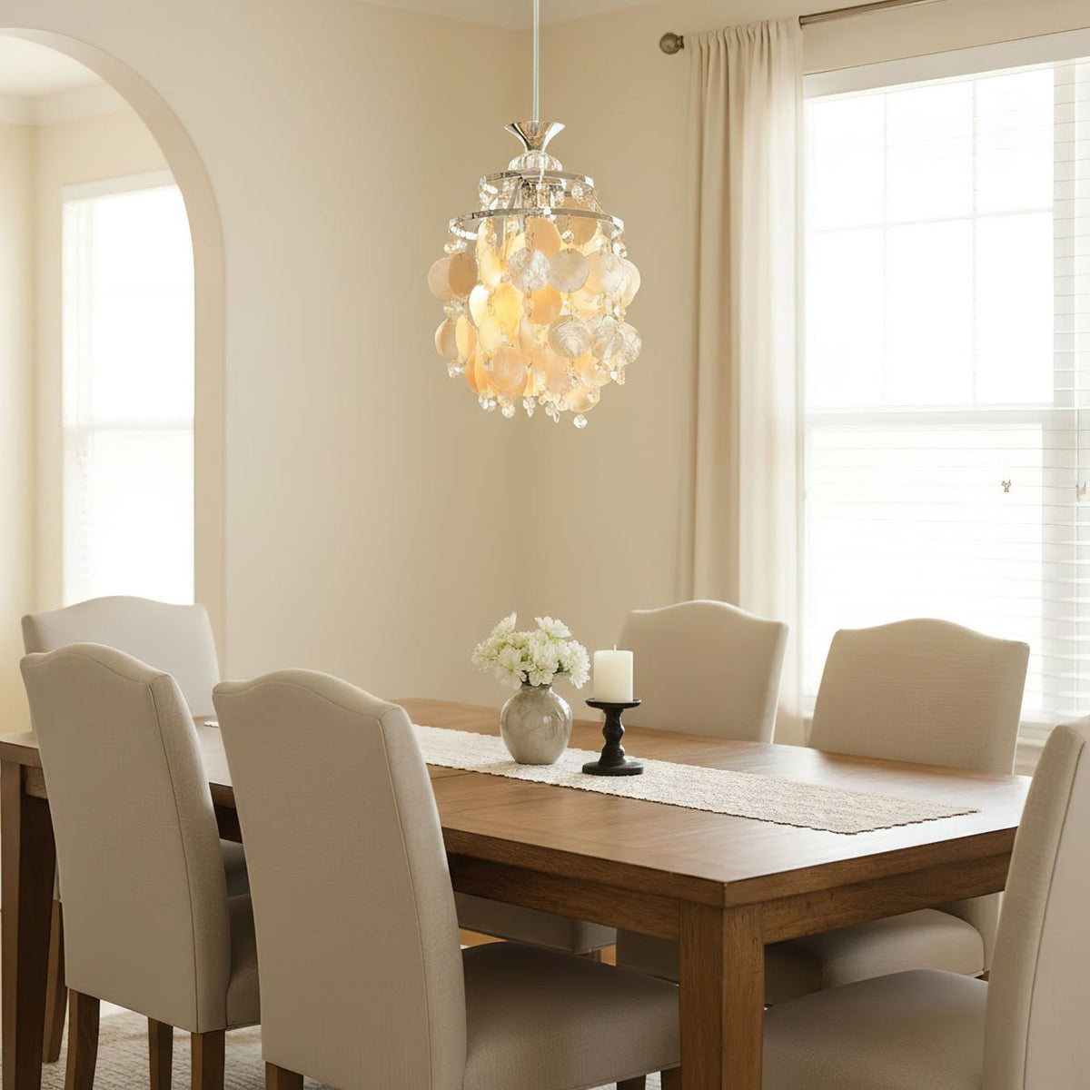 Shell Disc Pendant Light – Iridescent Crystal & Metal Chandelier