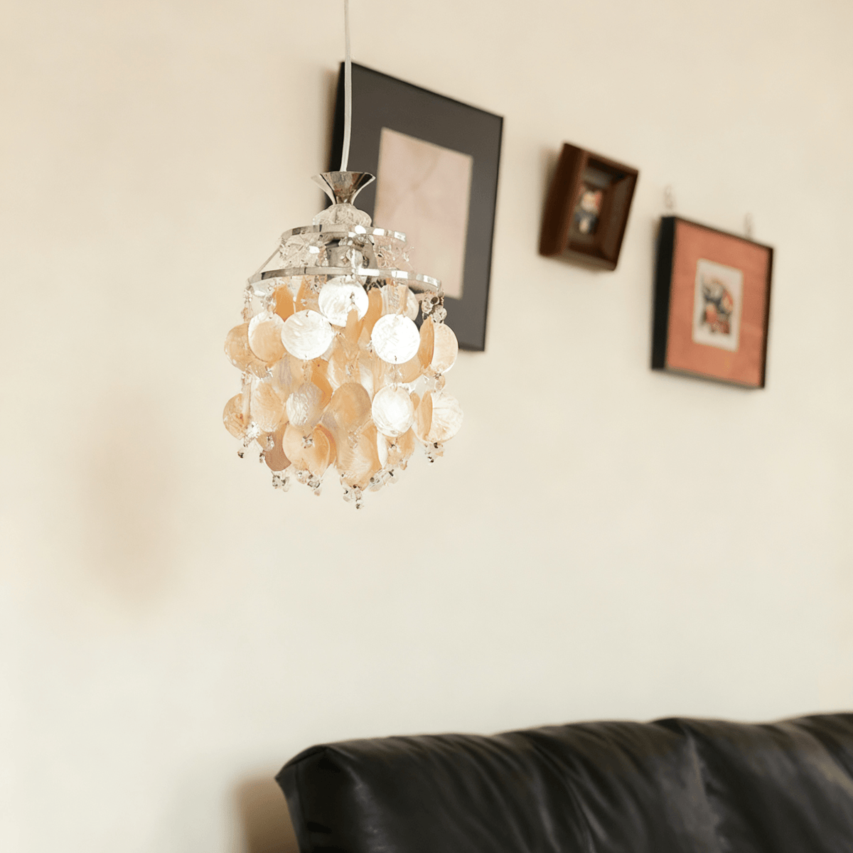 Shell Disc Pendant Light – Iridescent Crystal & Metal Chandelier