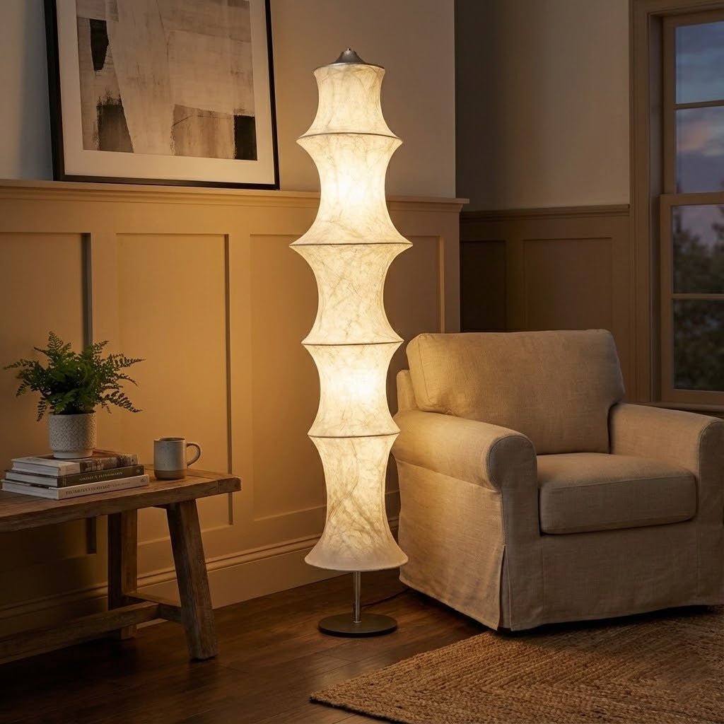 Silvara Cocoon Floor Lamp – Sculptural Silk Ambient Light for Modern Interiors