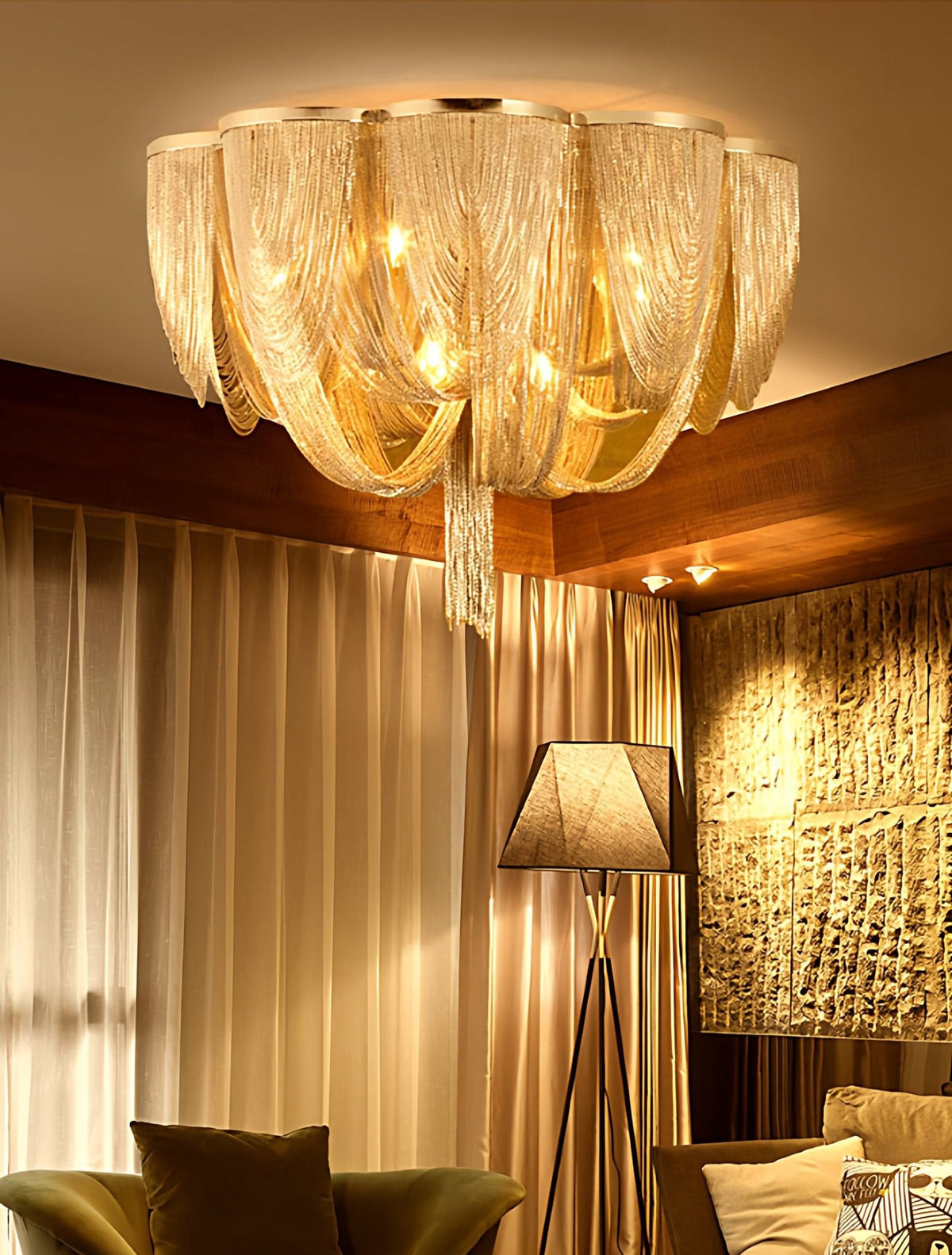 Cascading Chain Tassel Ceiling Light in Silver or Gold