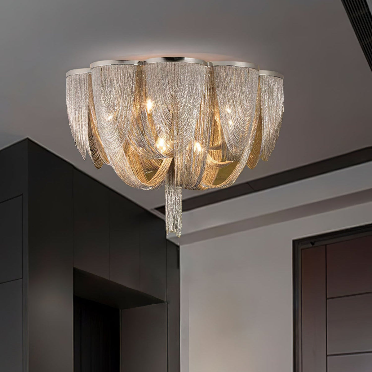 Cascading Chain Tassel Ceiling Light in Silver or Gold