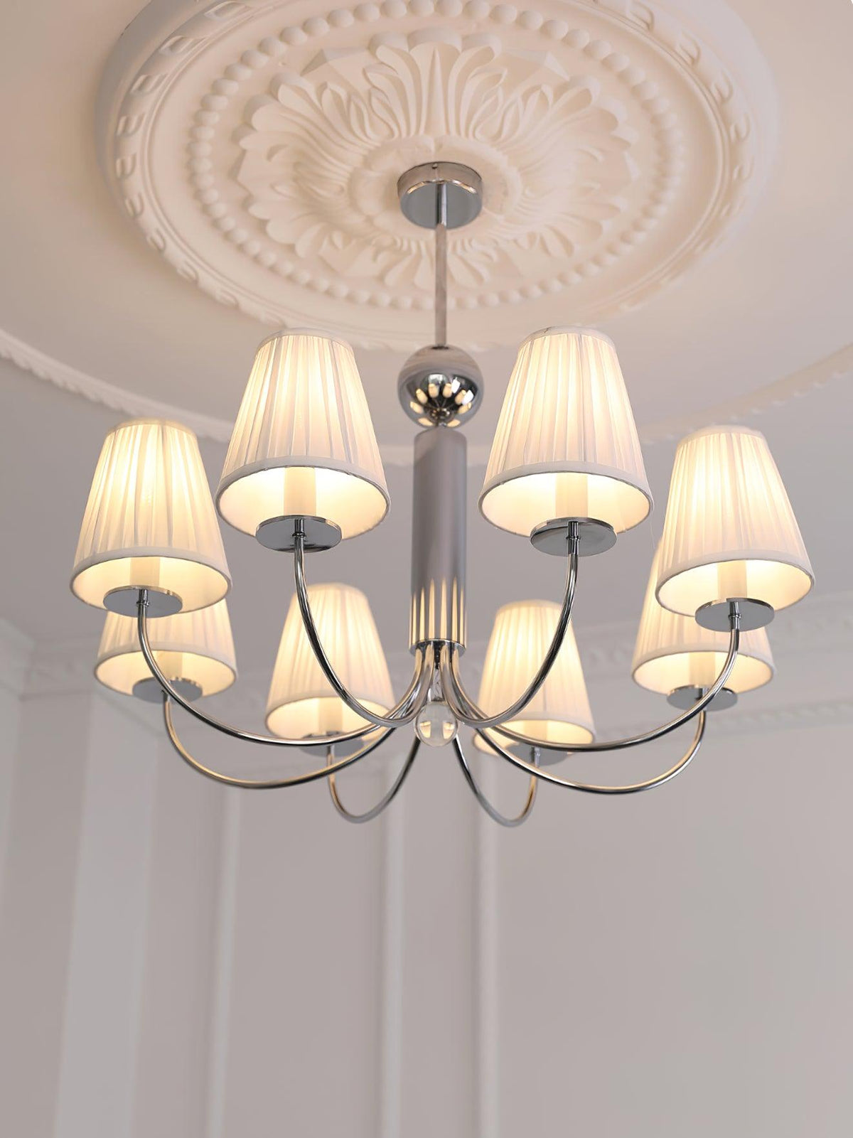 Simplicity Chrome Chandelier – Modern Candelabra Ceiling Light with Pleated Shades
