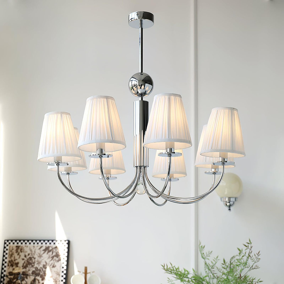 Simplicity Chrome Chandelier – Modern Candelabra Ceiling Light with Pleated Shades