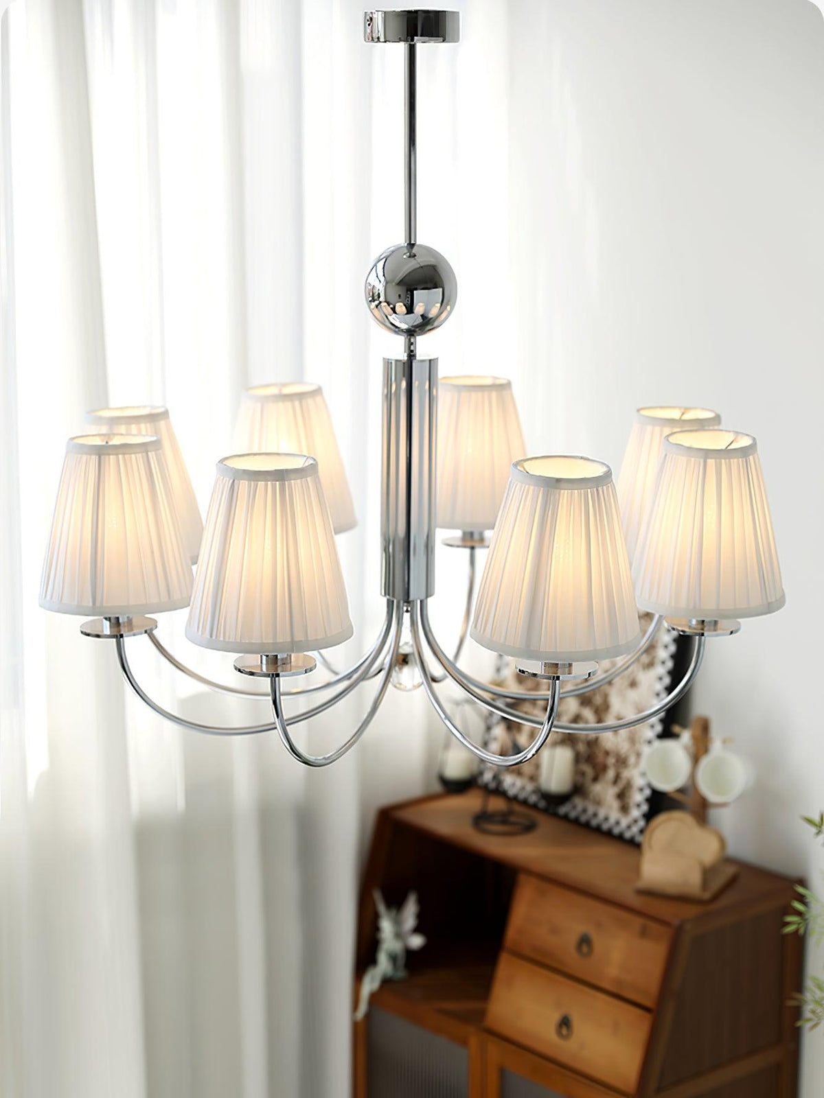 Simplicity Chrome Chandelier – Modern Candelabra Ceiling Light with Pleated Shades