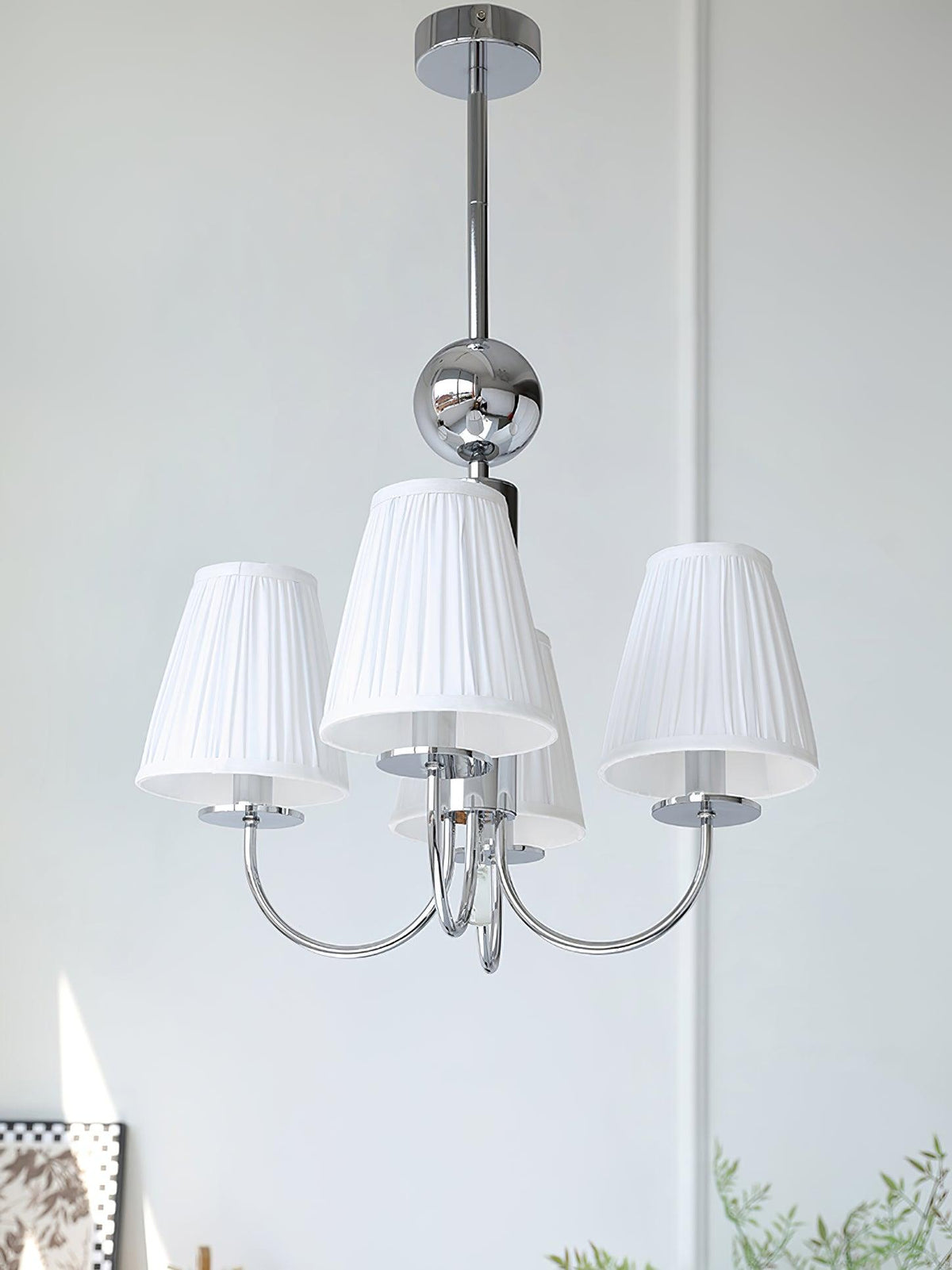 Simplicity Chrome Chandelier – Modern Candelabra Ceiling Light with Pleated Shades