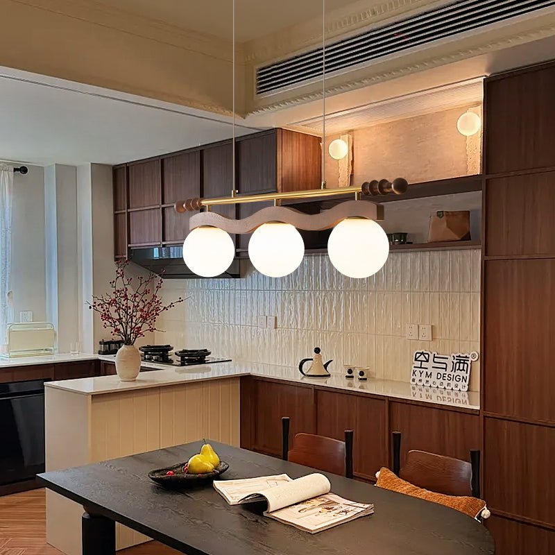 Sinuara Ribbon Globe Linear Chandelier – Modern Wood & Glass Pendant Light