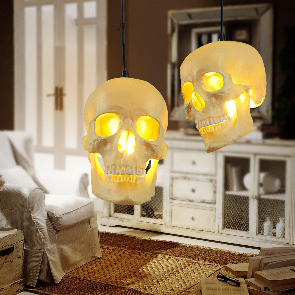 Skull Pendant Light – Beige Resin & Metal Designer Hanging Lamp