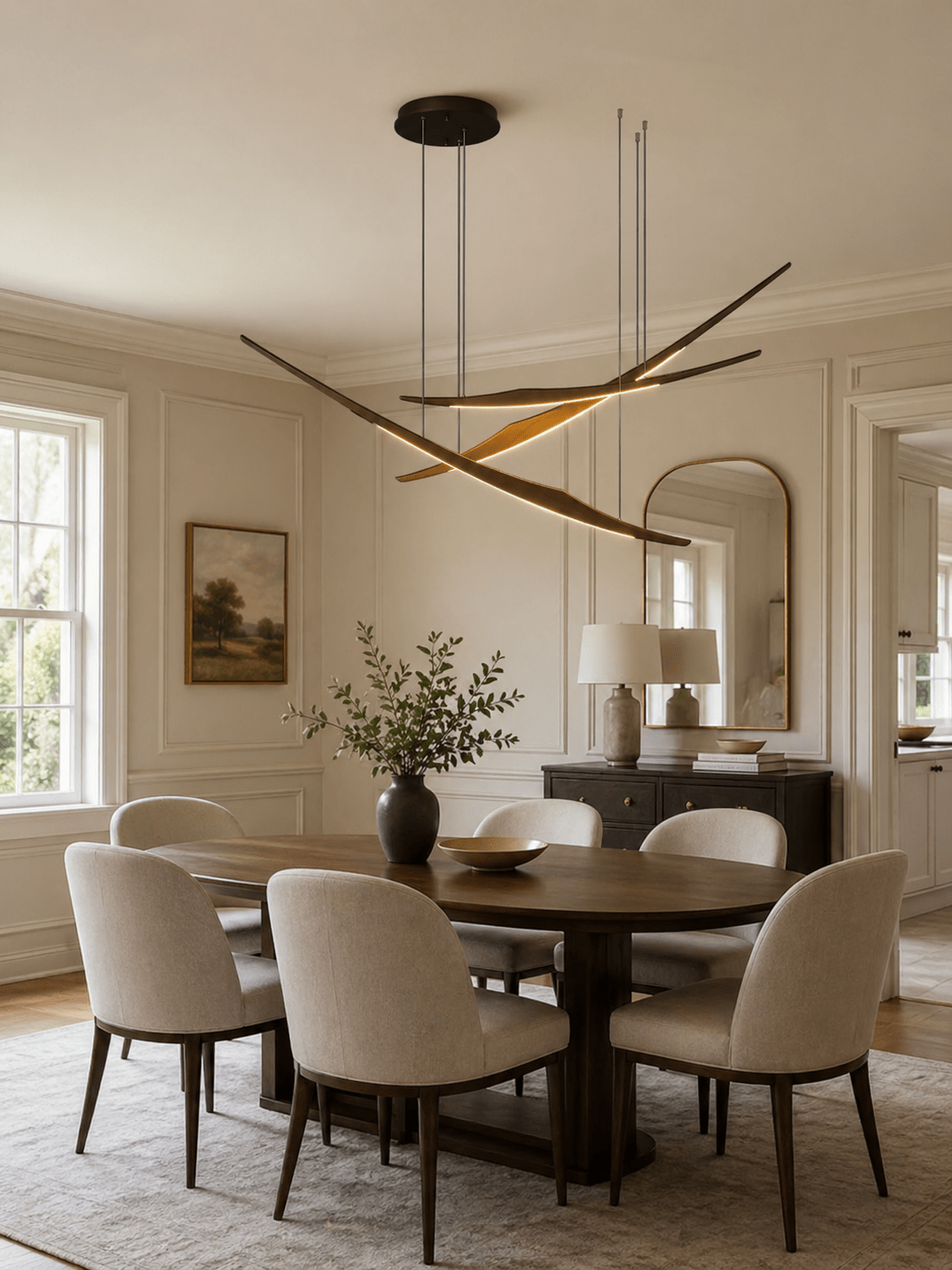 Skytrace Sculptural Wood LED Pendant Light, Modern Linear Chandelier