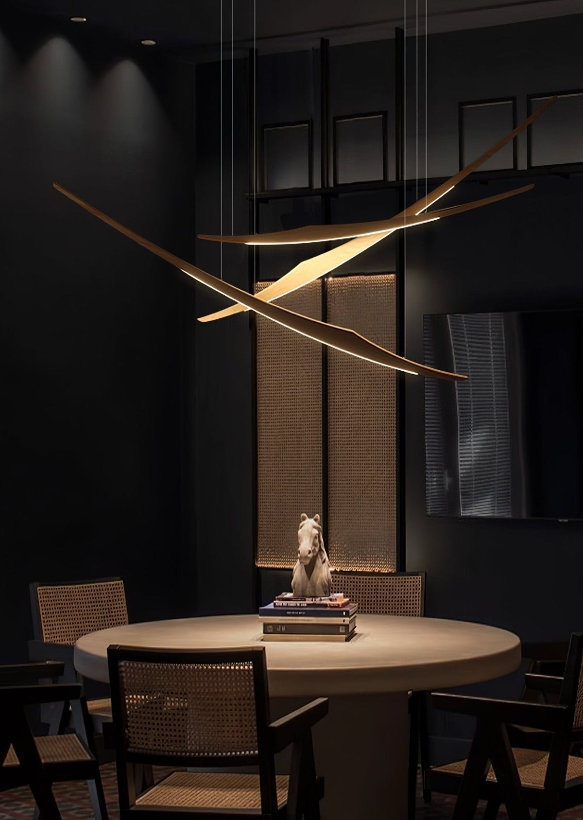 Skytrace Sculptural Wood LED Pendant Light, Modern Linear Chandelier