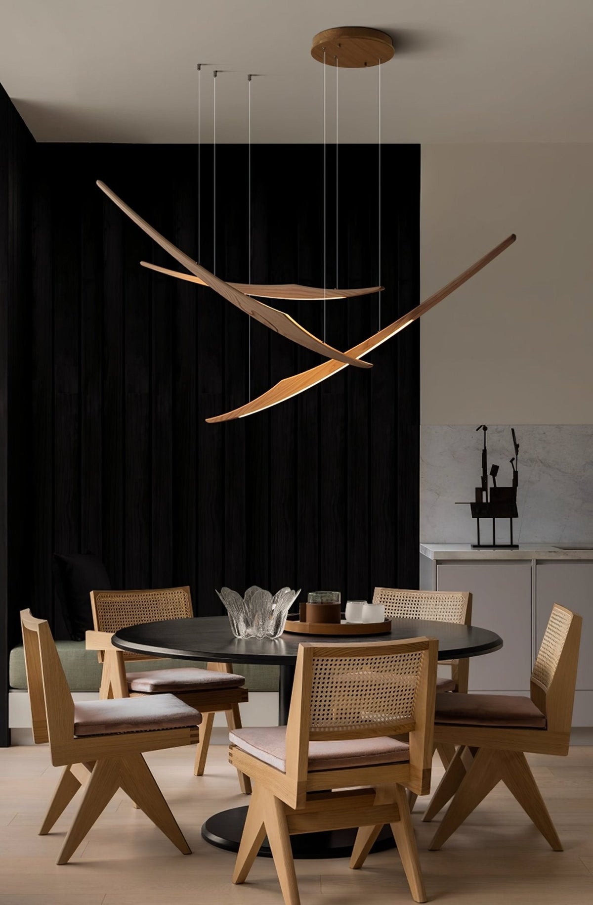 Skytrace Sculptural Wood LED Pendant Light, Modern Linear Chandelier