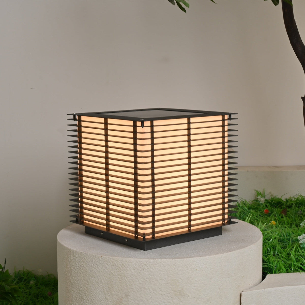 Solar Grid Outdoor Lantern – Modern Architectural LED Post Light
