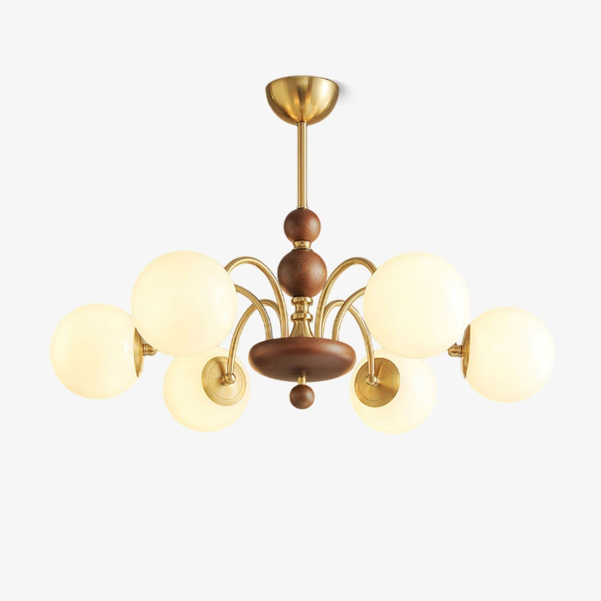 Solara Globe Chandelier – Mid-Century Modern Wood & Brass Pendant Light