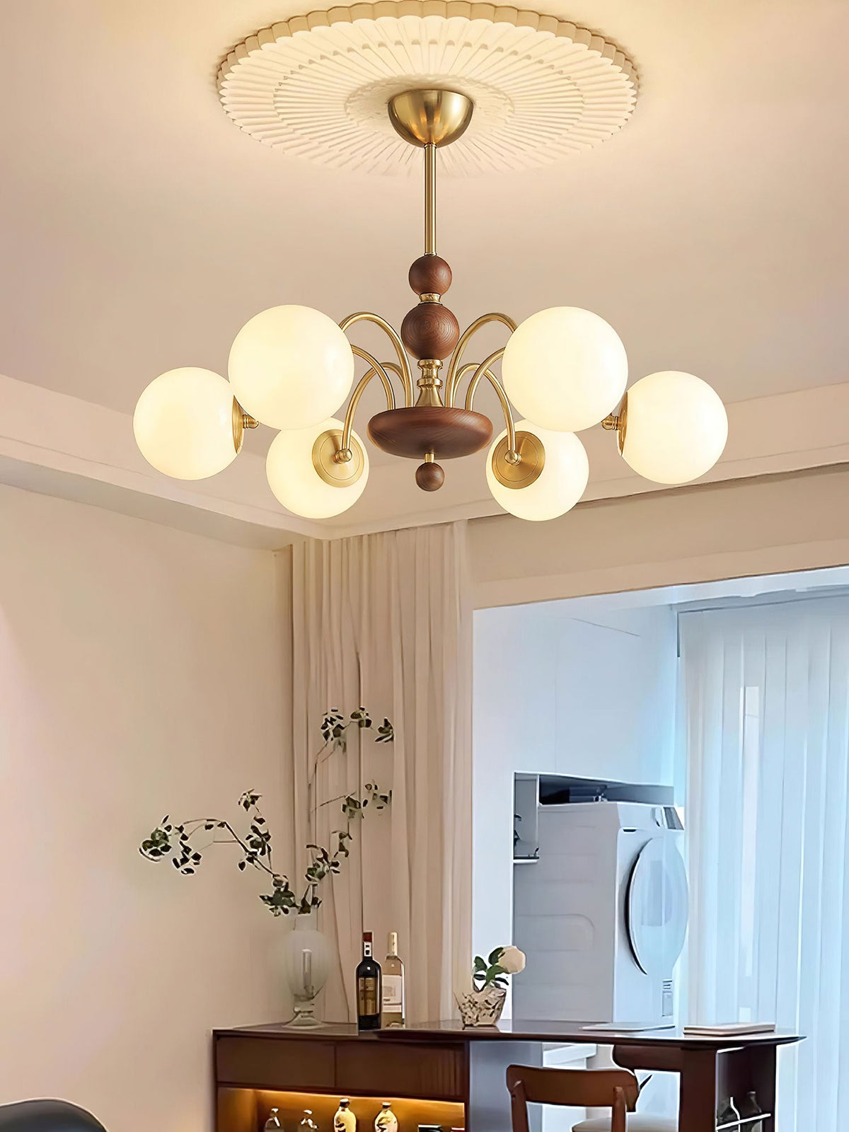 Solara Globe Chandelier – Mid-Century Modern Wood & Brass Pendant Light