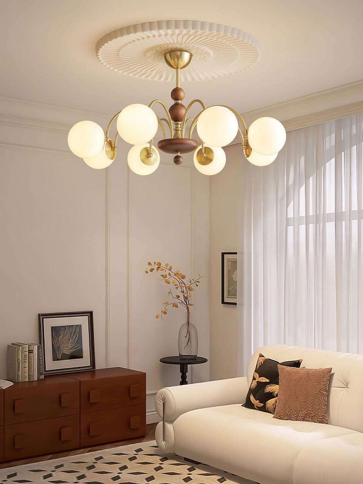 Solara Globe Chandelier – Mid-Century Modern Wood & Brass Pendant Light