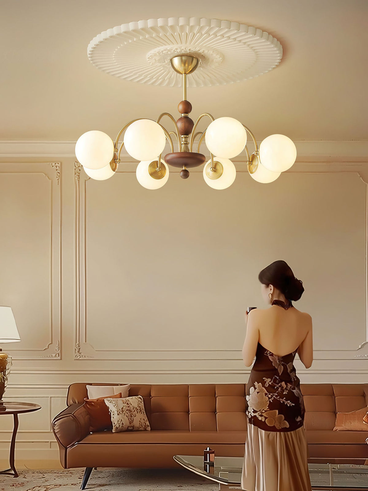Solara Globe Chandelier – Mid-Century Modern Wood & Brass Pendant Light