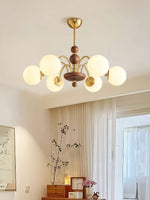 Solara Globe Chandelier – Mid-Century Modern Wood & Brass Pendant Light