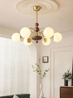 Solara Globe Chandelier – Mid-Century Modern Wood & Brass Pendant Light