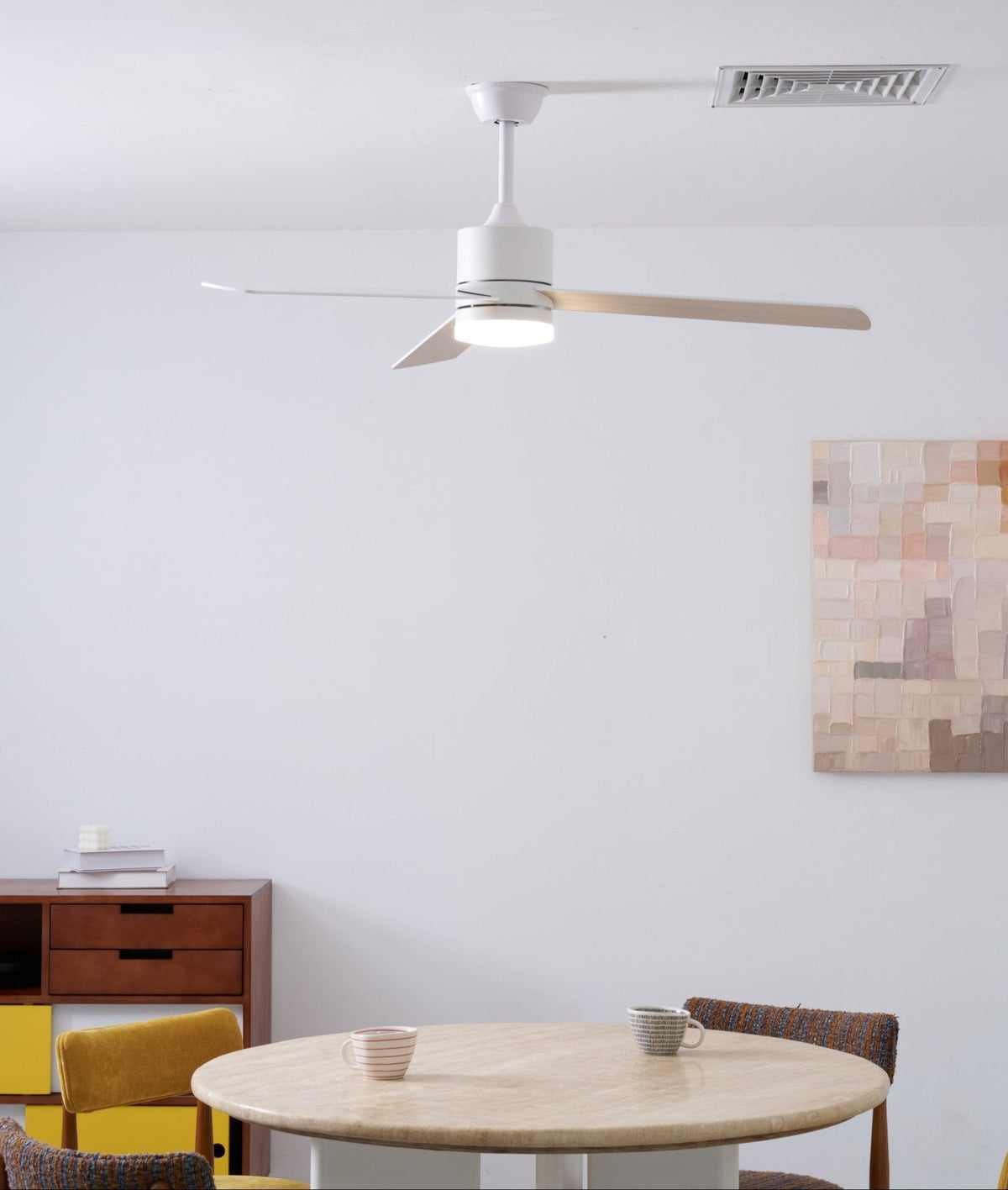 Solara Drift Ceiling Fan with Integrated LED Light in Natural Wood and White