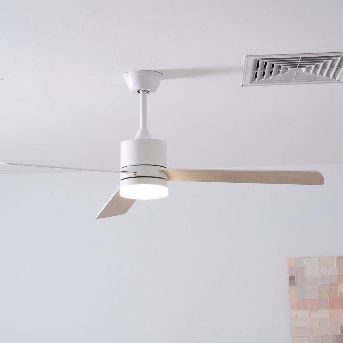 Solara Drift Ceiling Fan with Integrated LED Light in Natural Wood and White