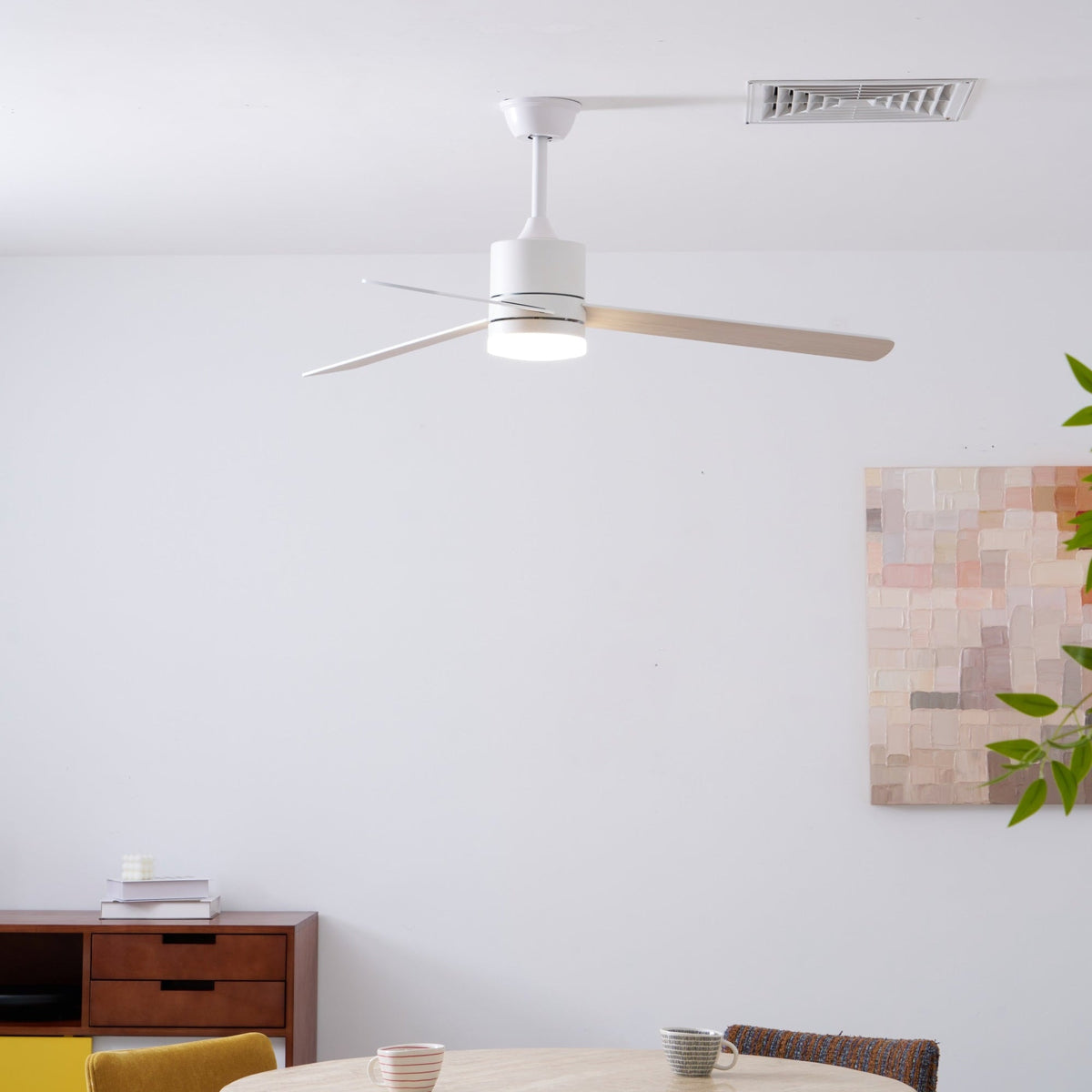 Solara Drift Ceiling Fan with Integrated LED Light in Natural Wood and White