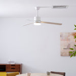 Solara Drift Ceiling Fan with Integrated LED Light in Natural Wood and White