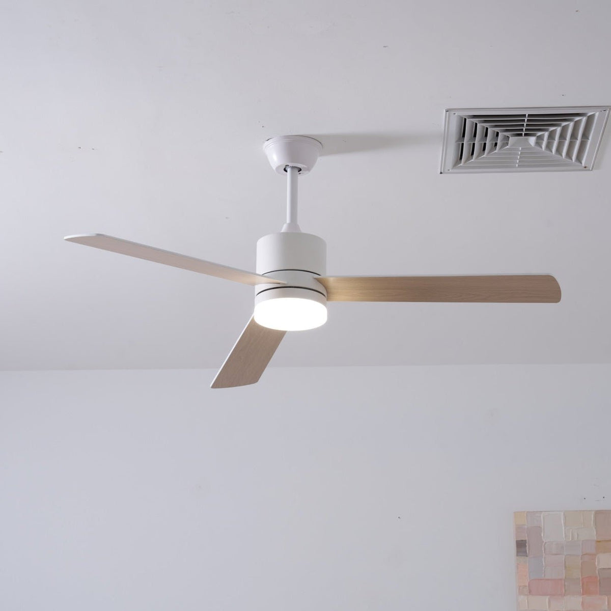 Solara Drift Ceiling Fan with Integrated LED Light in Natural Wood and White