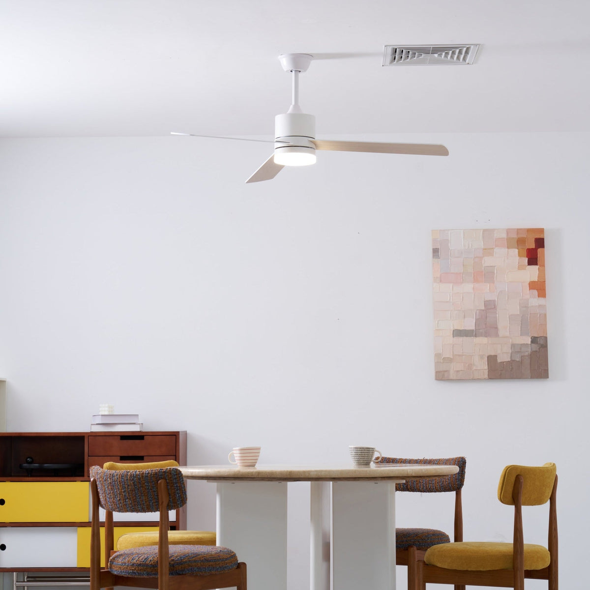 Solara Drift Ceiling Fan with Integrated LED Light in Natural Wood and White