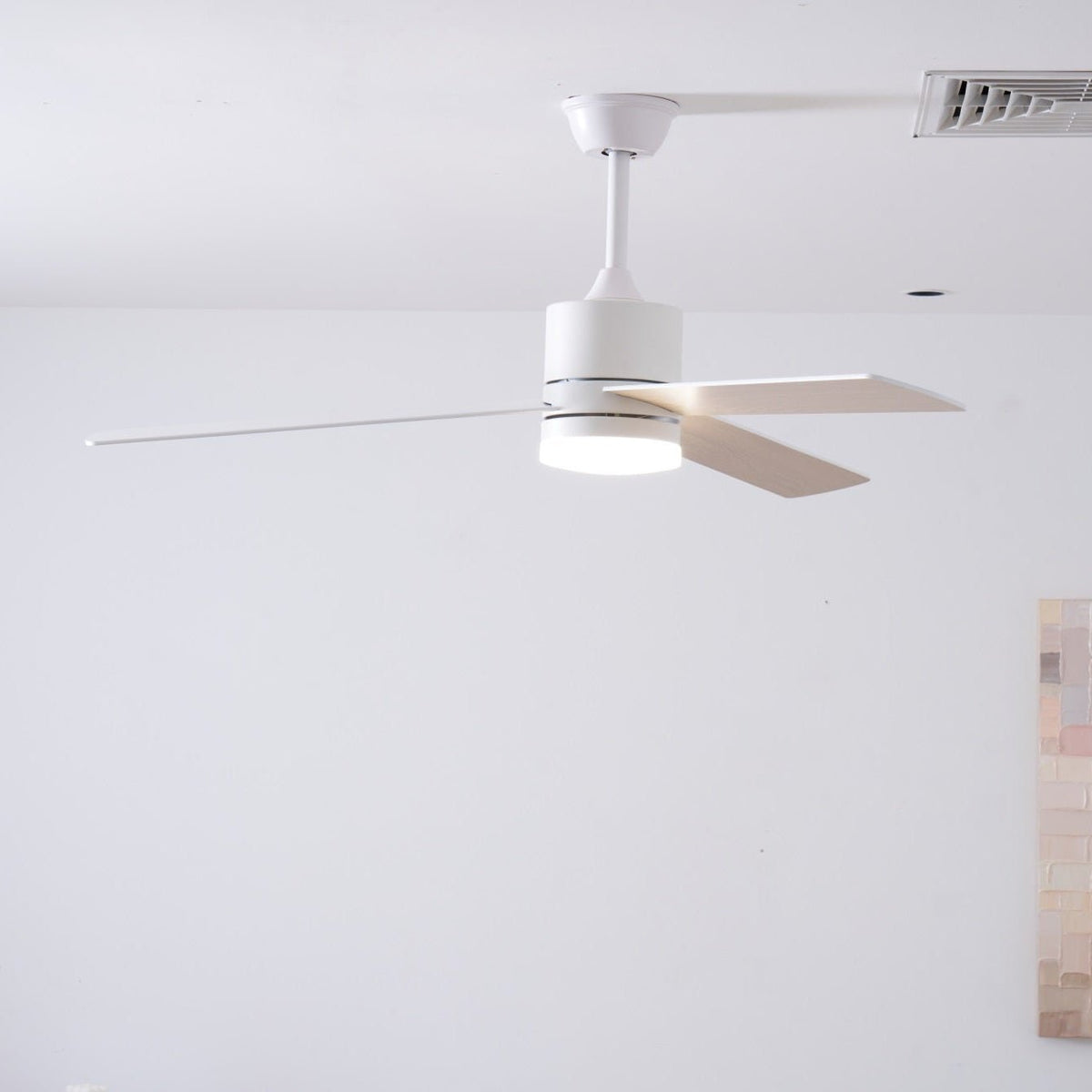 Solara Drift Ceiling Fan with Integrated LED Light in Natural Wood and White