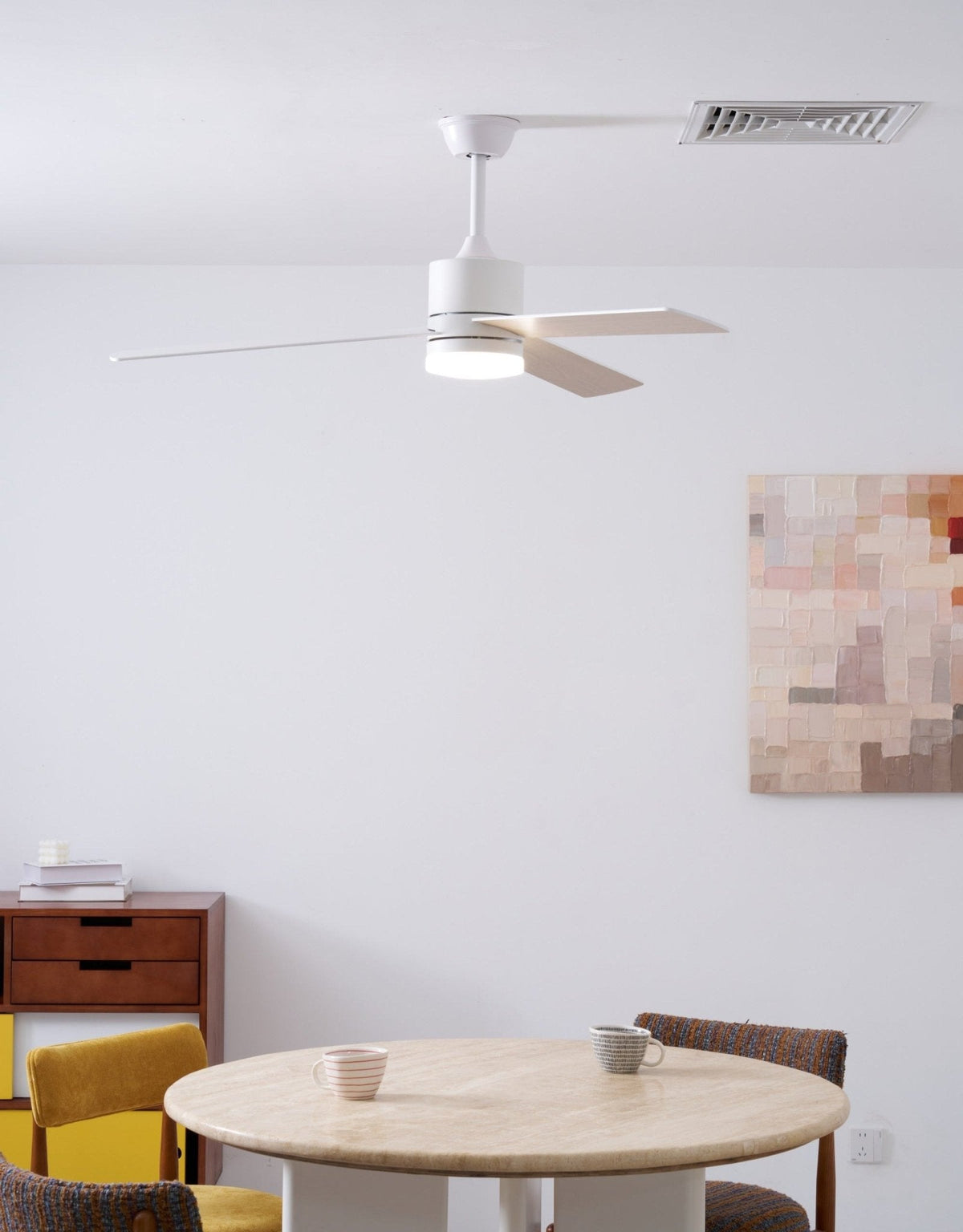Solara Drift Ceiling Fan with Integrated LED Light in Natural Wood and White
